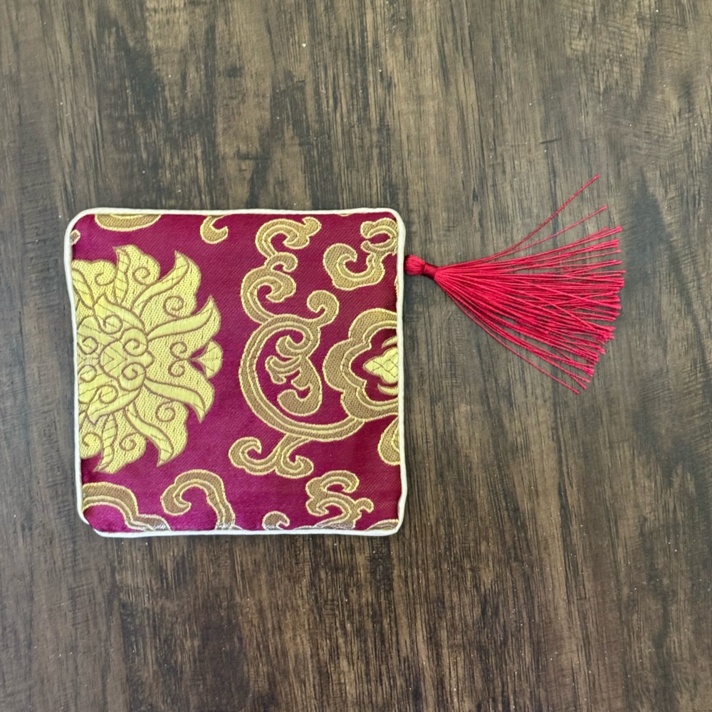 Brocade Red and Gold embroidered jewelry Pouch with Tassel